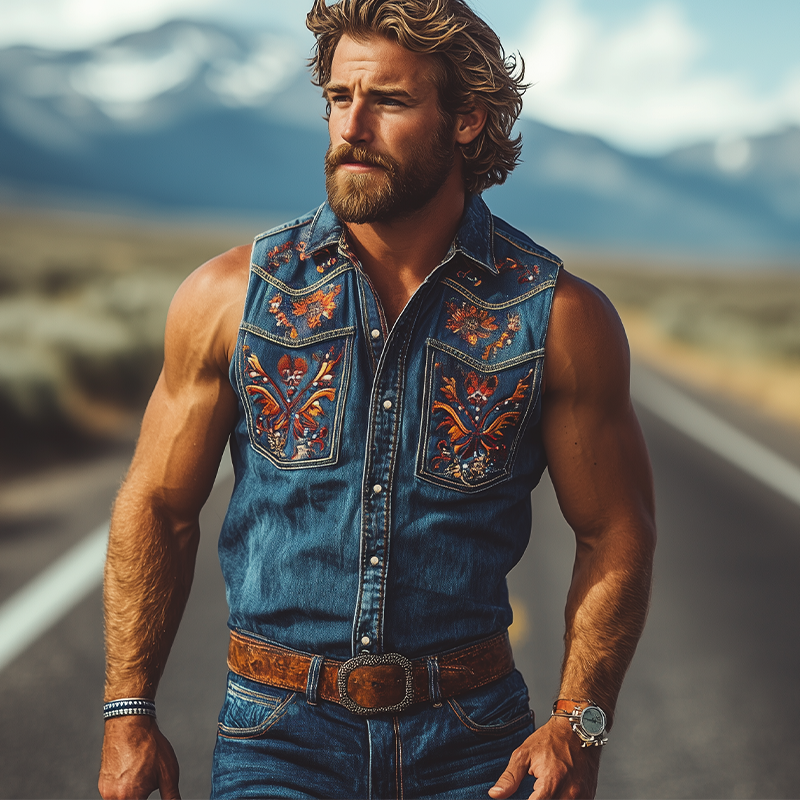 Men's Summer Fashion Retro Western Cowboy Style Denim Embroidery Sleeveless Shirt MTA2808D9K