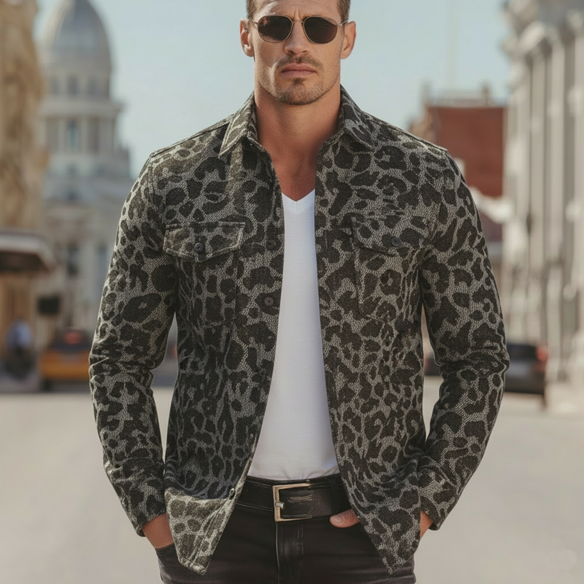 Men's Classic Vintage Tough-guy Style Denim Jacquard Leopard Print Long-sleeved Shirt MTA2667L8K