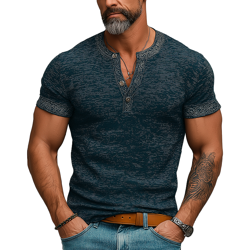 Men's Summer Fashion Retro Printed Polyester Blended Short Sleeve Henley Shirt MTA1850F2P