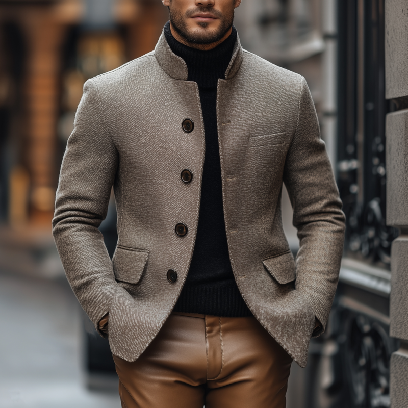 Men's Vintage Wool Blend Stand Collar Single-breasted Slim Fit Warm Blazer MTA1678H7M