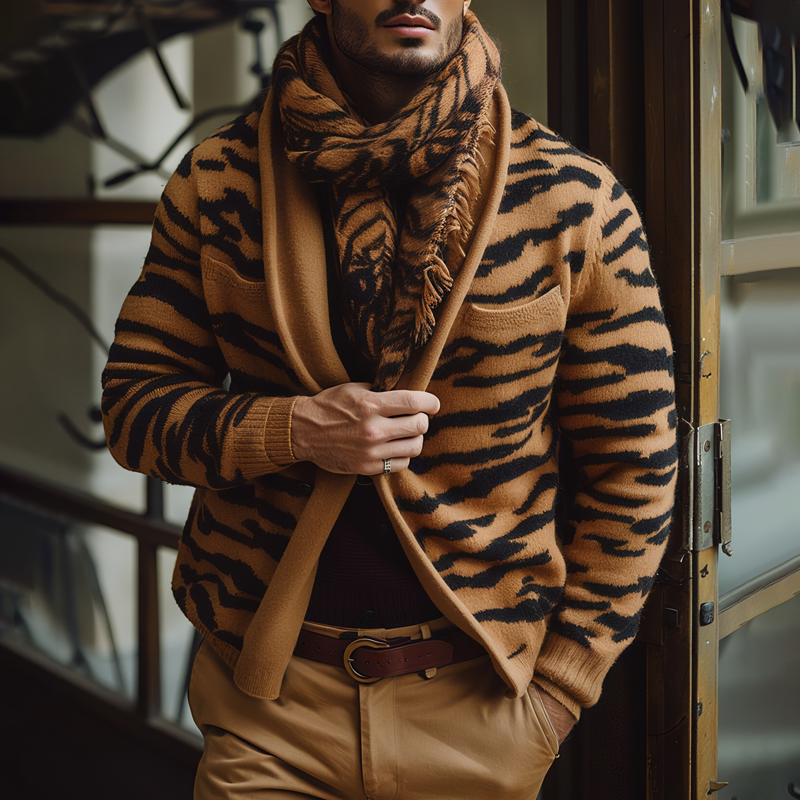 Men's Tiger Pattern Knitted Lapel Single Breasted Cardigan MTA1451H6Z