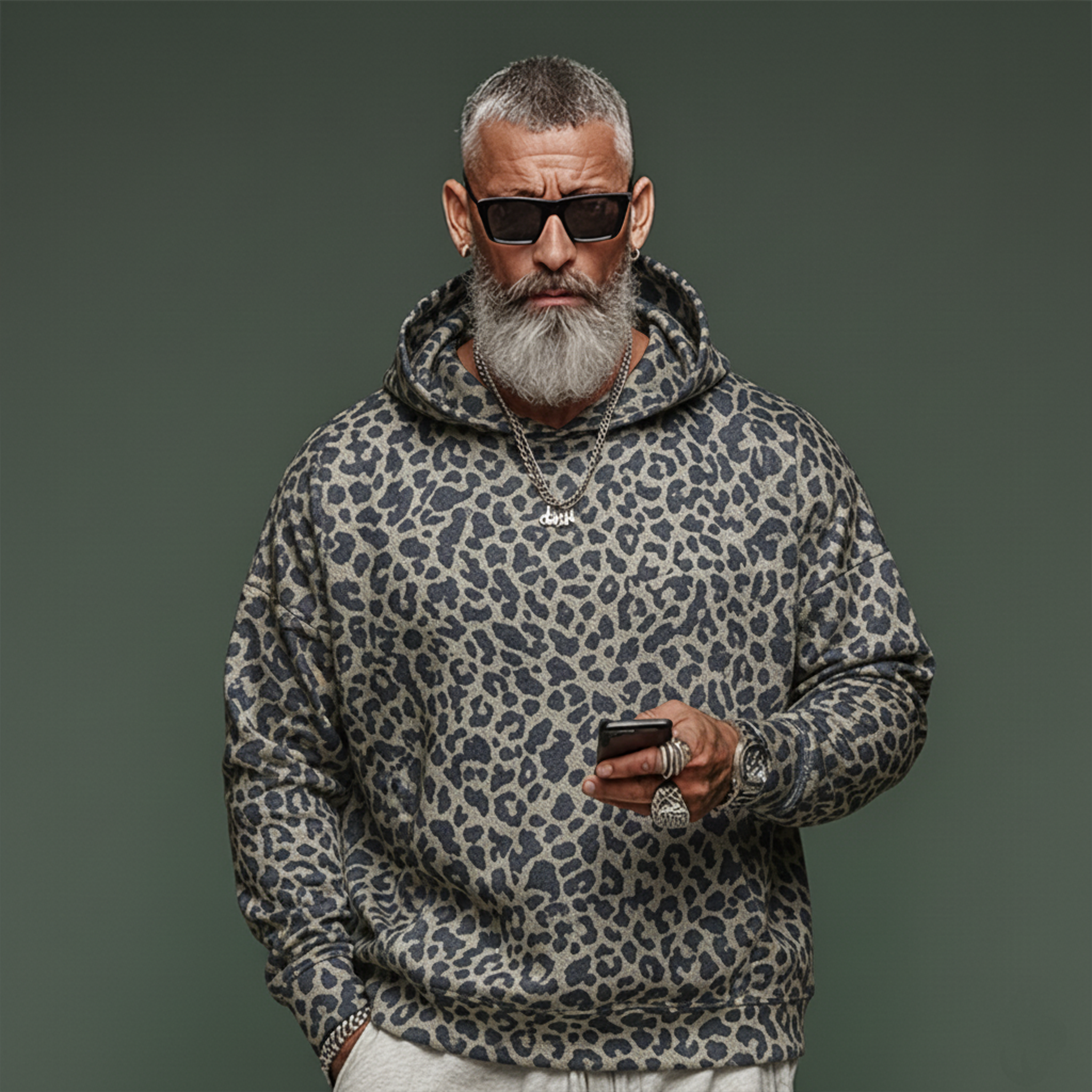 Men's Classic Casual Denim Jacquard Leopard Print Hoodie MTA1223L6K