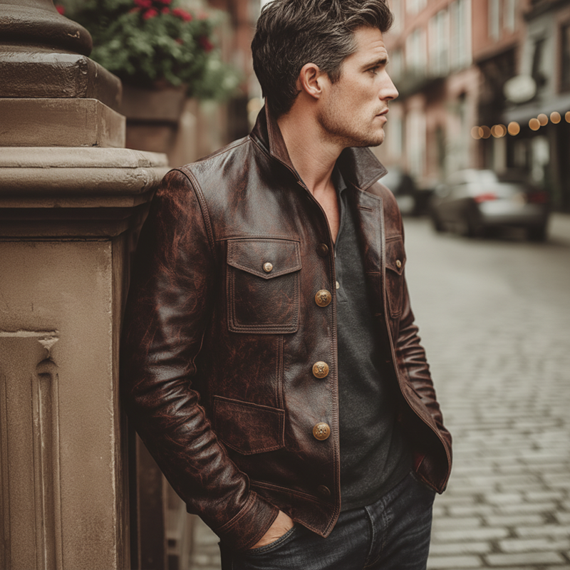 Men's  Classic Reddish-brown Distressed Button PU Leather Jacket MTA2964J2U