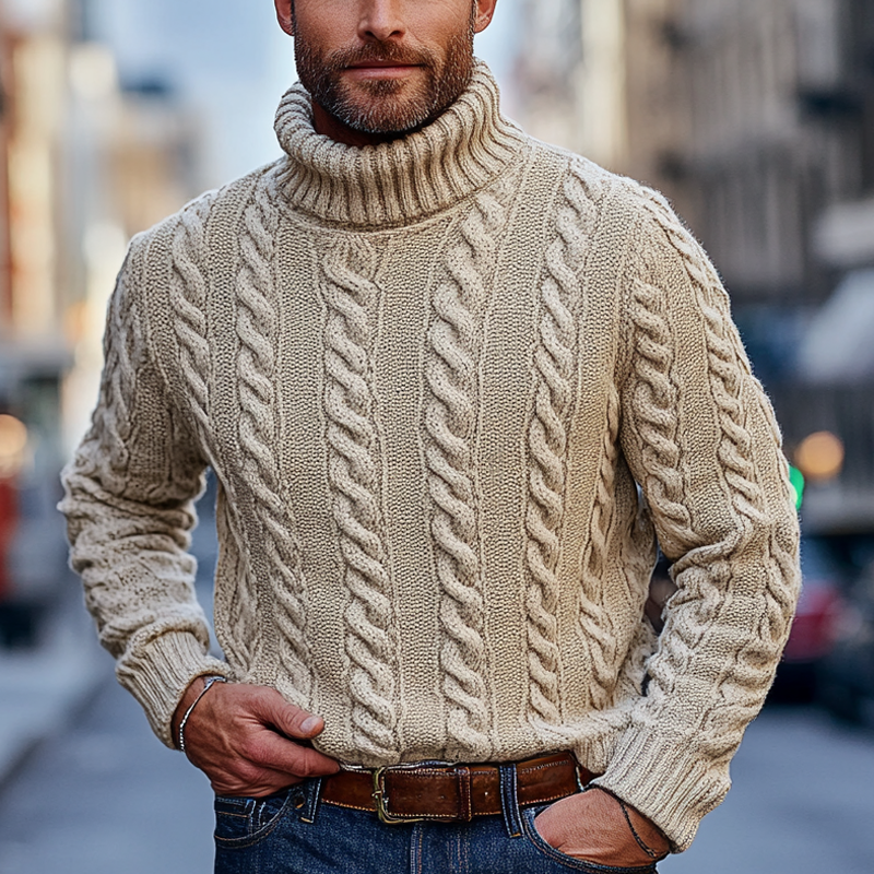 Men's Solid Color Casual Cable-knit Turtleneck Pullover Sweater MTA0437I9X