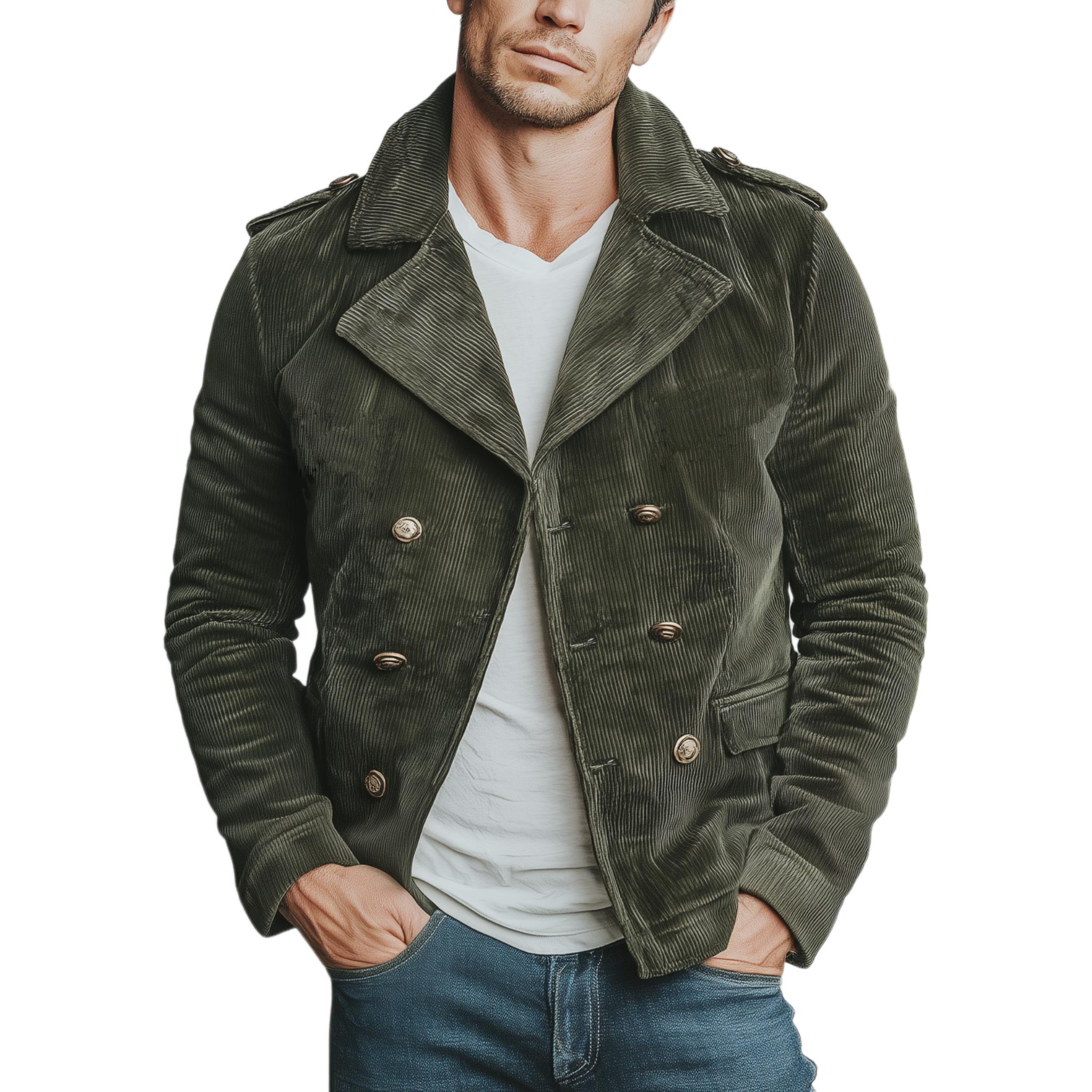 Men's Classic Casual Lapel Double-Breasted Epaulette Corduroy Jacket MTA1096I1K