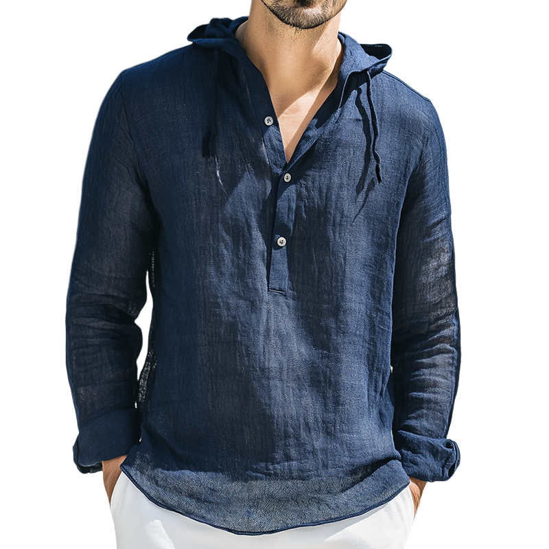 Men's Vintage Casual Solid Color Linen Hooded Button-Down Shirt MTA2846H4TO