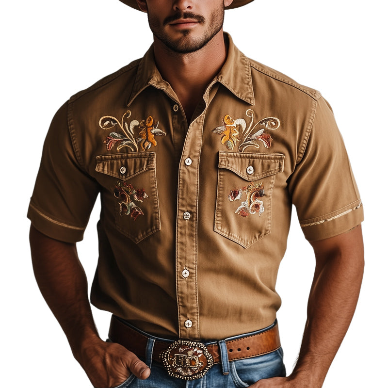 Men's Western Cowboy Style Vintage Embroidered Denim Short Sleeve Shirt MTA0967E6U