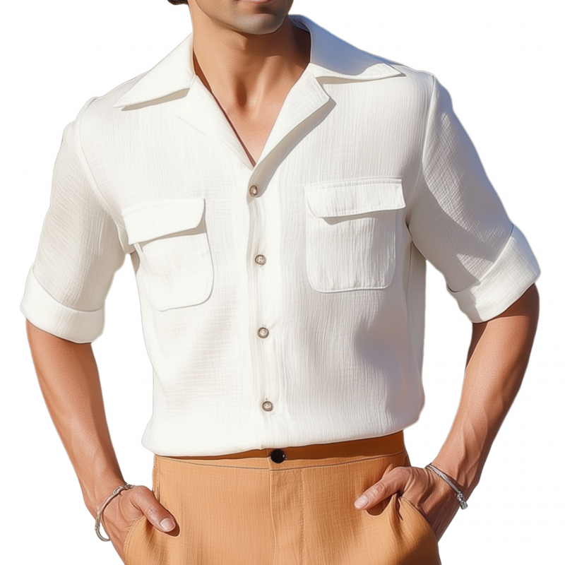 Men's Casual Solid Color Pleated Cotton Blend Cuban Collar Chest Pocket Single Breasted Slim Mid Sleeve Shirt MTA1427G1M