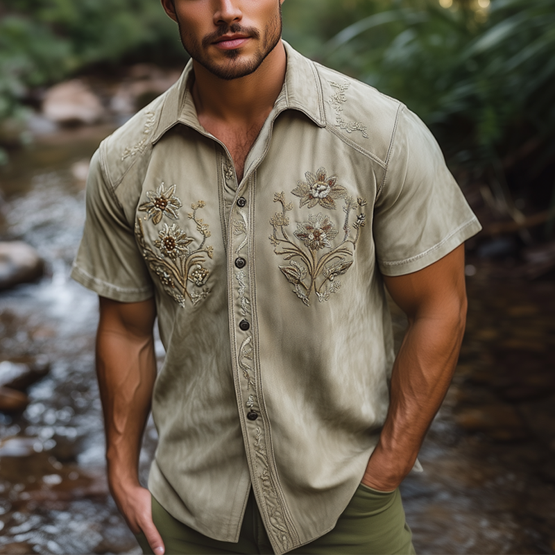 Men's Summer Floral Embroidered Suede Short Sleeve Shirt MTA0729F1U