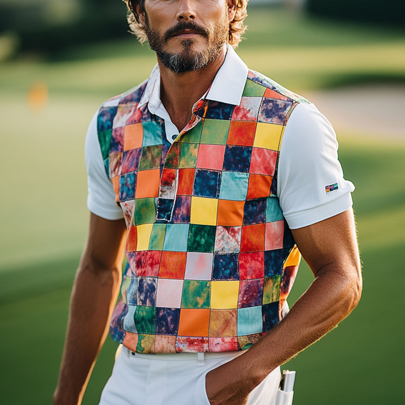 Men's Color Block Print Short Sleeve Polo Shirt MTA0811E8X