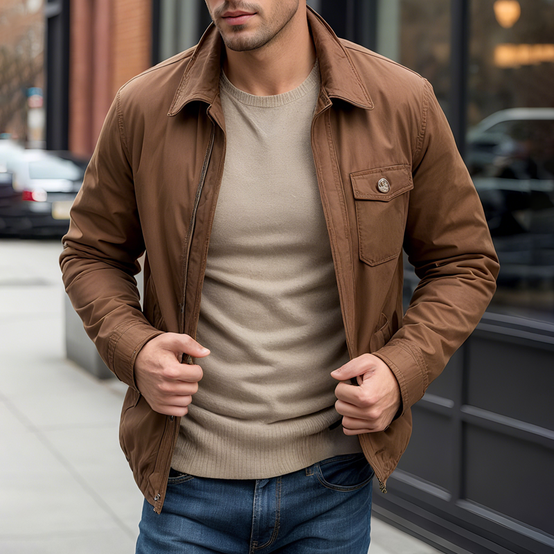 Men's Solid Color Cotton Lapel Chest Pocket Zipper Jacket MTA1289I3Z