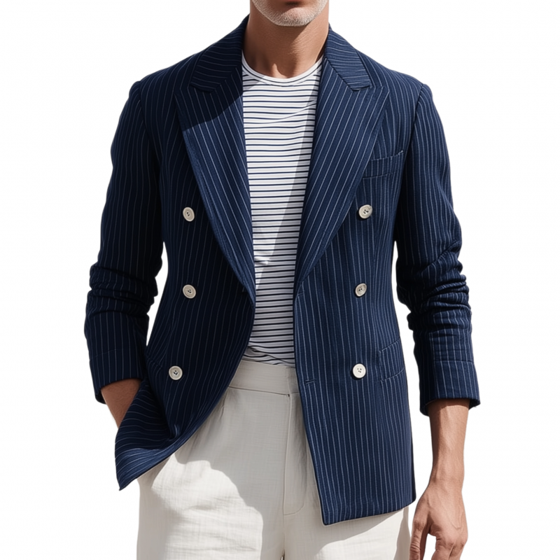 Men's Stylish Cotton Blend Striped Notch Lapel Double-breasted Slim-fit Blazer MTA1905G2M