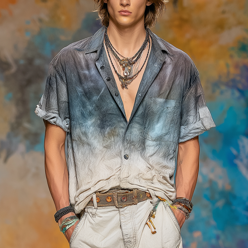 Men's Summer Personalized Gradient Printed Cotton Blended Short Sleeve Shirt MTA0883G5P