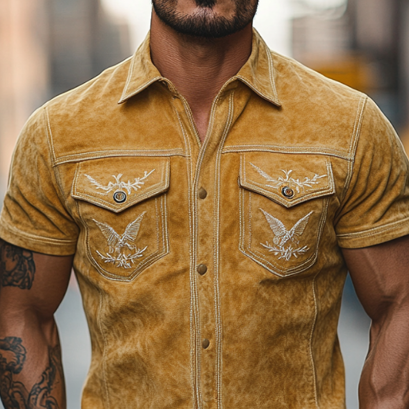 Men's Classic Retro Western Embroidered Slim Fit Suede Short Sleeve Shirt 89659726K