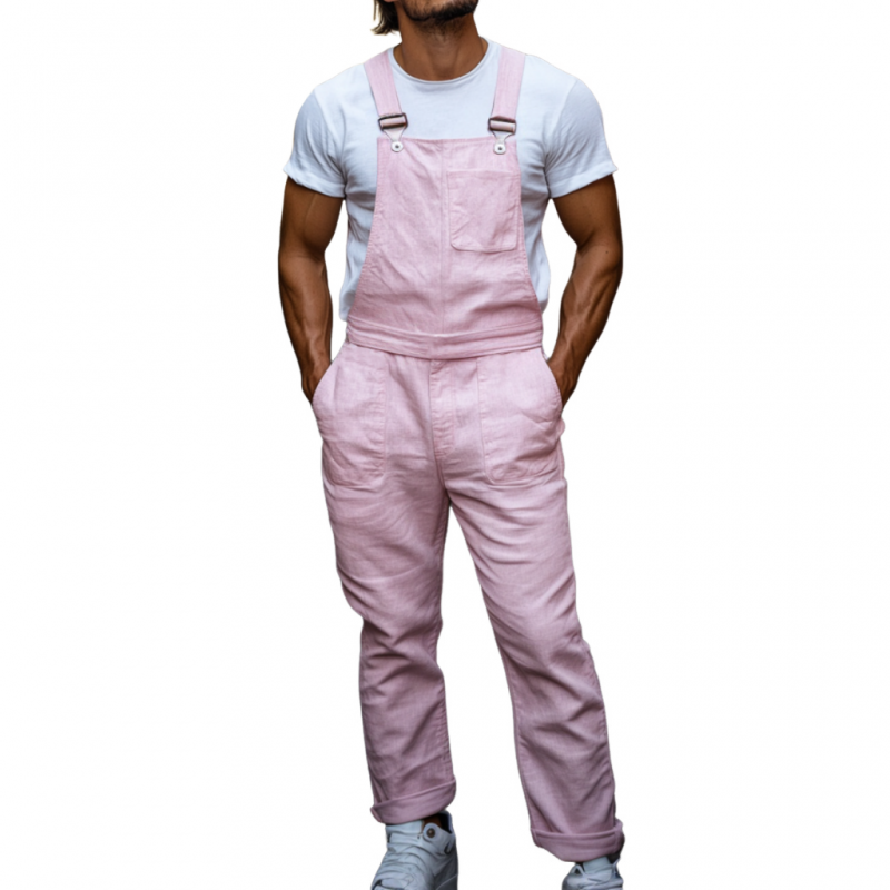 Men's Casual Breathable Linen Solid Color Multi-Pocket Straight Trousers Jumpsuit MTA2716E8M