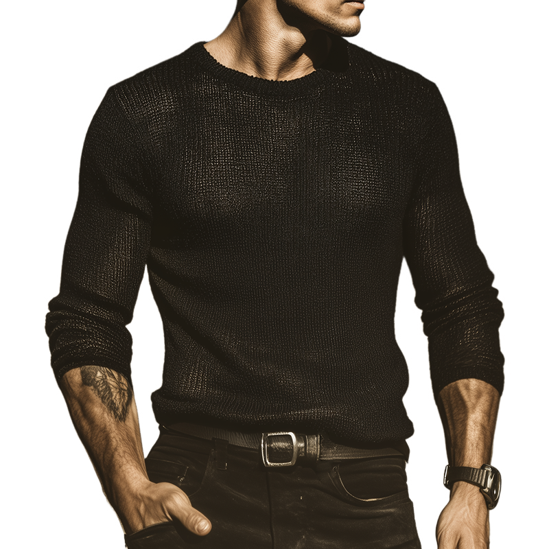 Men's Retro Casual Solid Color Knit Crew Neck Sweater MTZ1226A0TO