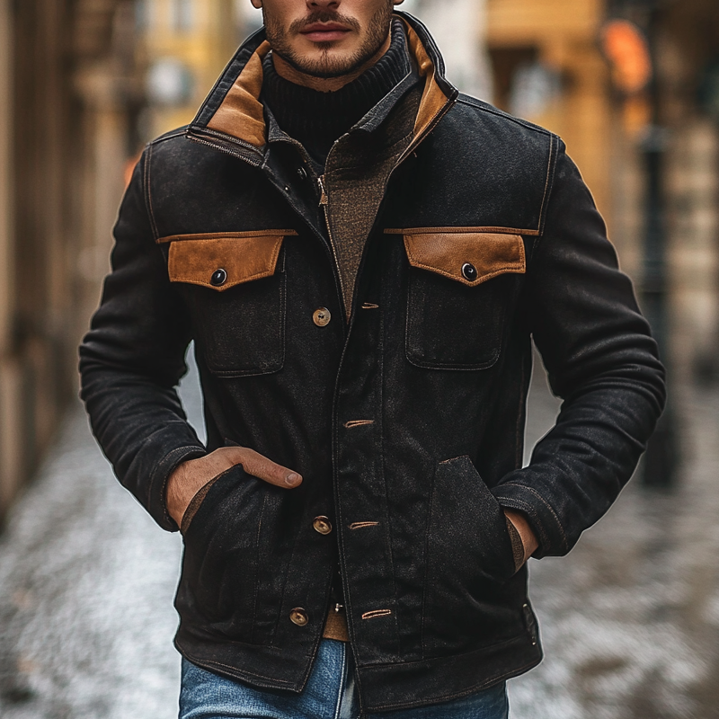 Men's Retro Stitching PU Lapel Single-Breasted Contrast Color Jacket MTA1358I8X