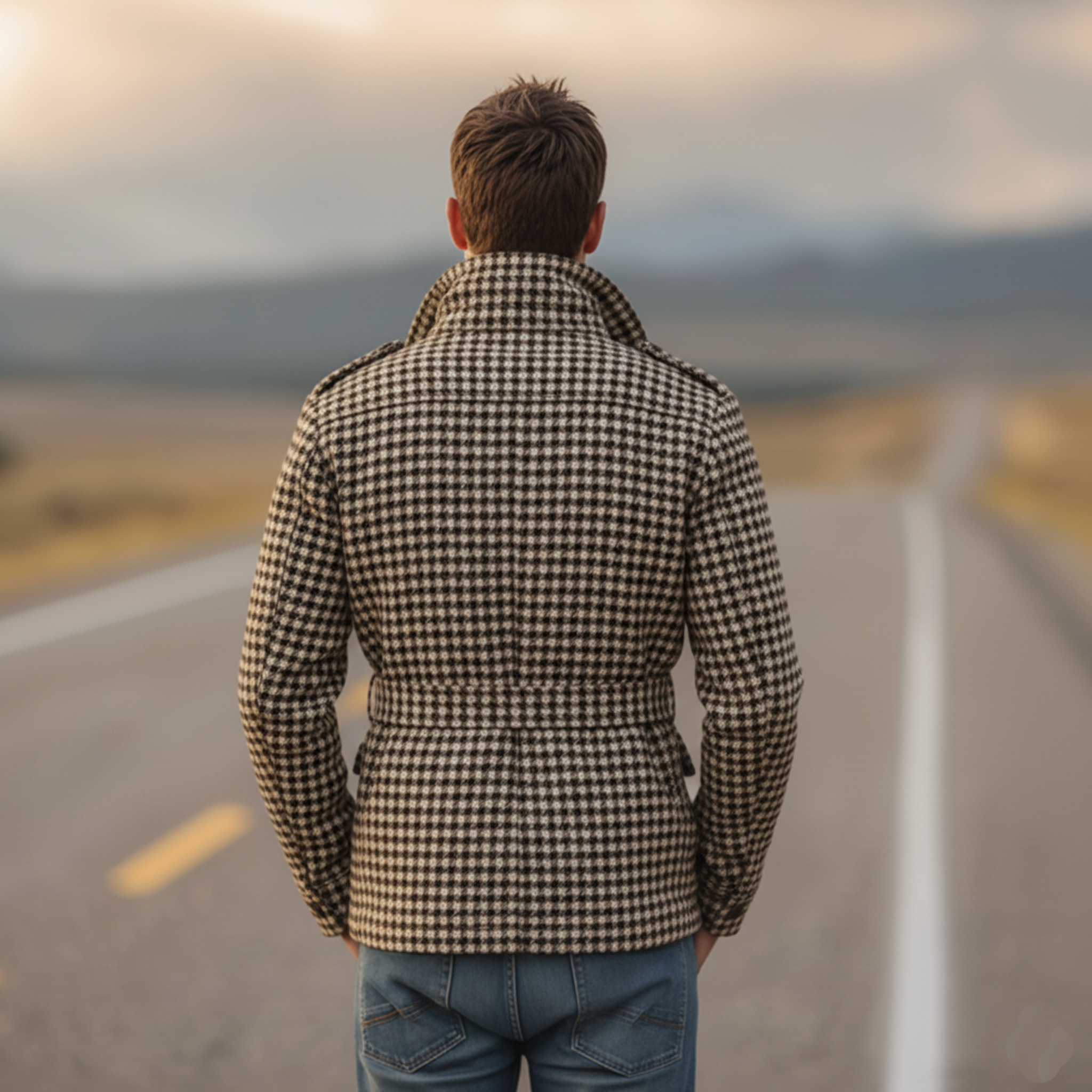 Men's Classic Retro Stand-up Collar Multi-pocket Faux Houndstooth Wool Jacket (including Belt) MTA0643K4K