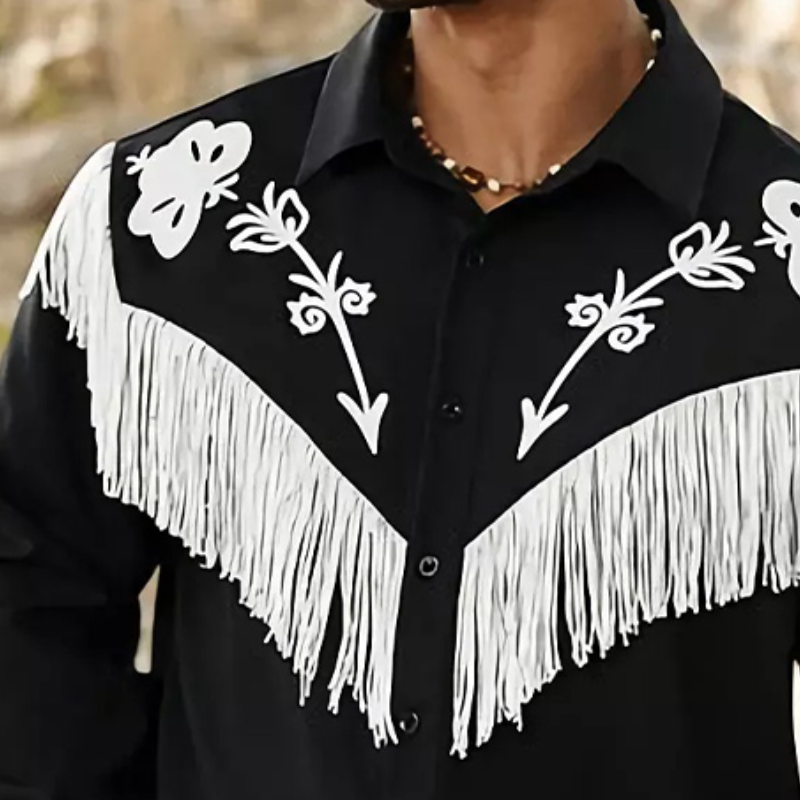 Men's Black Embroidered Tassel Long-sleeved Shirt 14320192U