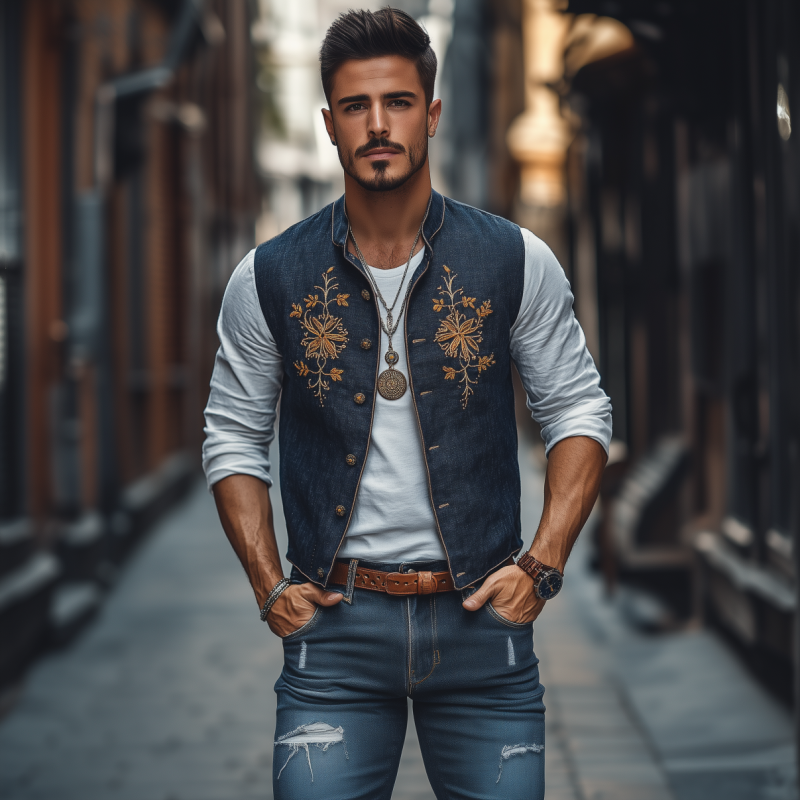 Men's Casual Cotton Linen Stand-up Collar Single-breasted Chest Flower Embroidery Slim Vest MTA1379F4M