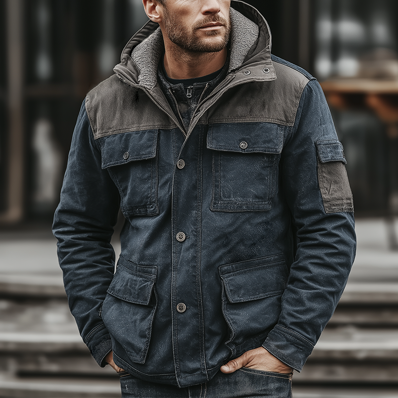 Men's Retro Casual Cotton Washed Hooded Multi-Pocket Zipper Jacket MTA2478K2TO