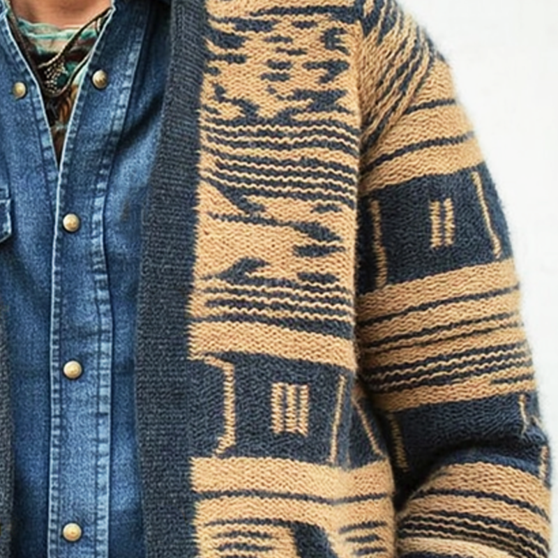 Men's Retro Stand Collar Colorblock Jacquard Knit Cardigan MTA0186I3U