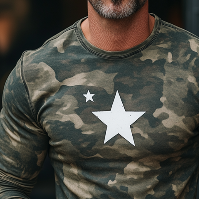 Men's Retro Casual Camouflage Star Print Round Neck Long Sleeve T-shirt MTA1836H8TO