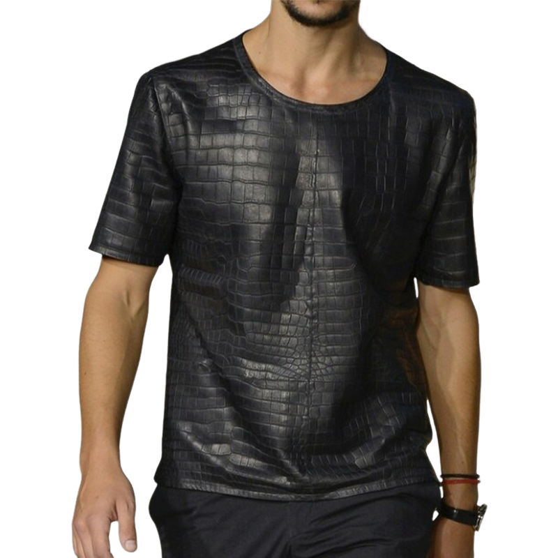 Men's Stylish Casual Round Neck Textured Leather Short-sleeved T-shirt 53881146K