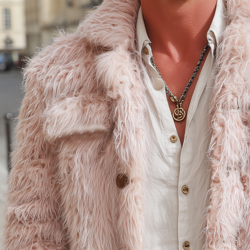 Men's Urban Fashion Light Pink Faux Fur Button Jacket MTA1788J7U