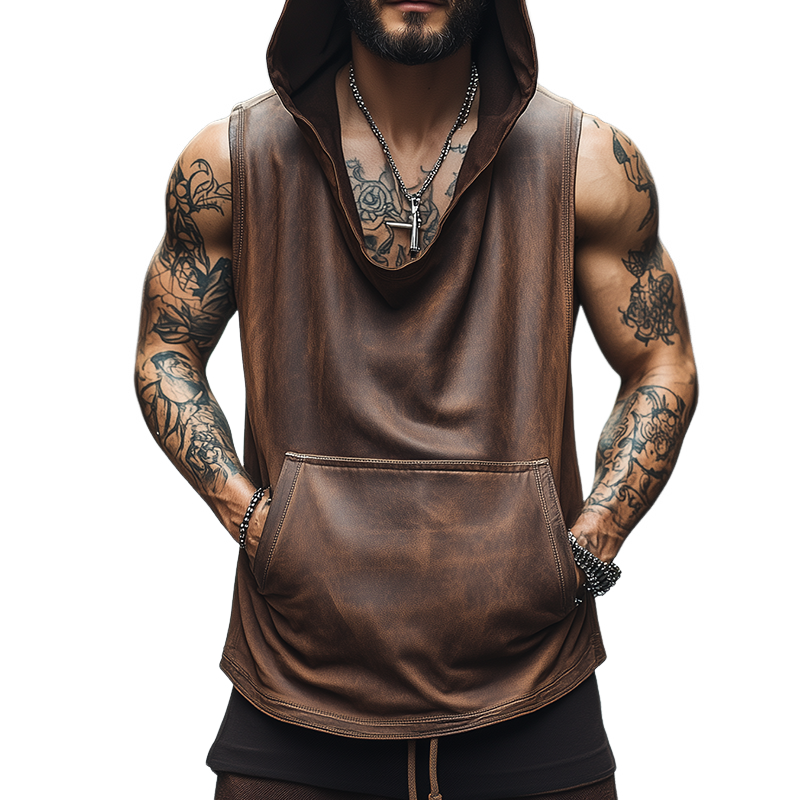 Men's Vintage High Quality Leather Distressed Hooded Tank Top MTA2615F7TO
