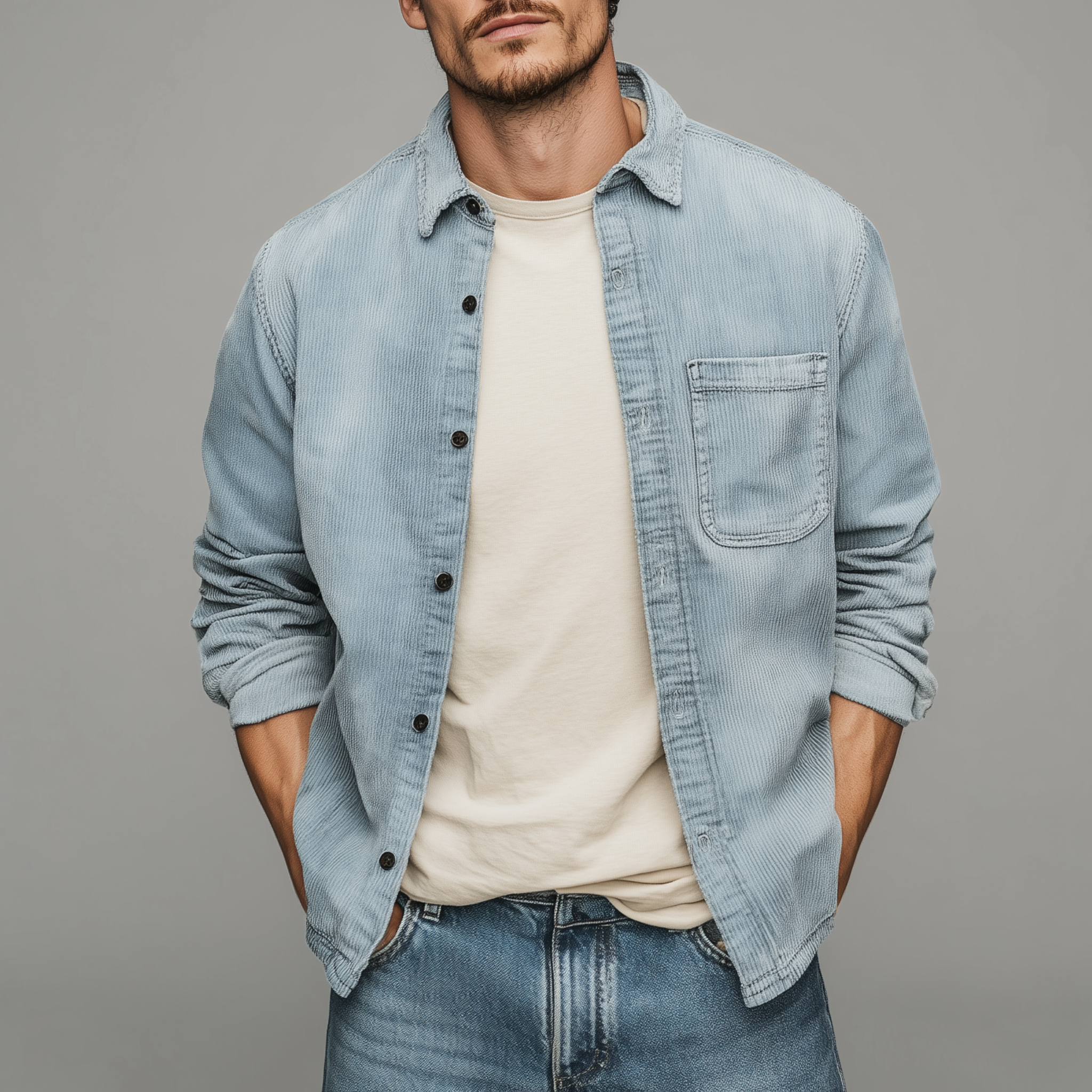 Men's Retro Casual Corduroy Washed Lightly Bleached Distressed Long-sleeved Shirt MTA1972G3K