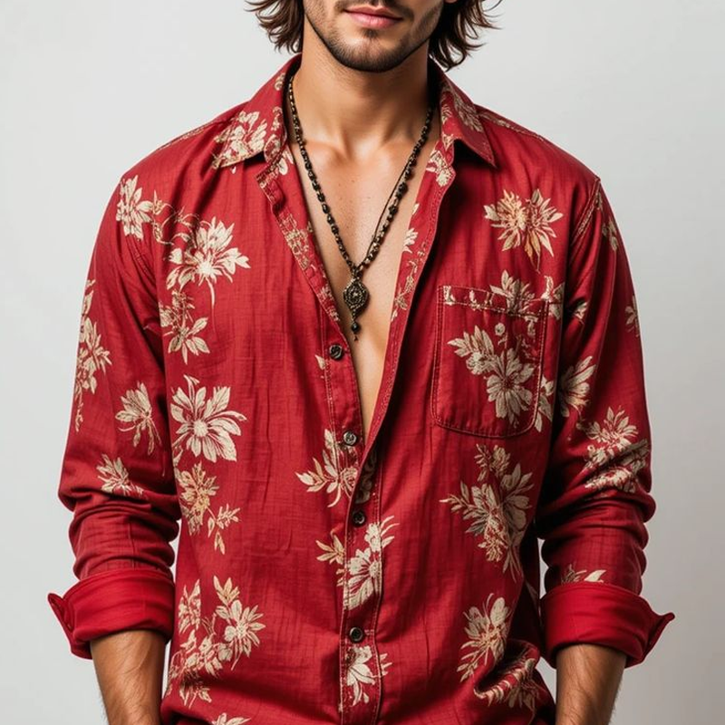 Men's Floral Lapel Long Sleeve Shirt MTA3038G2Z