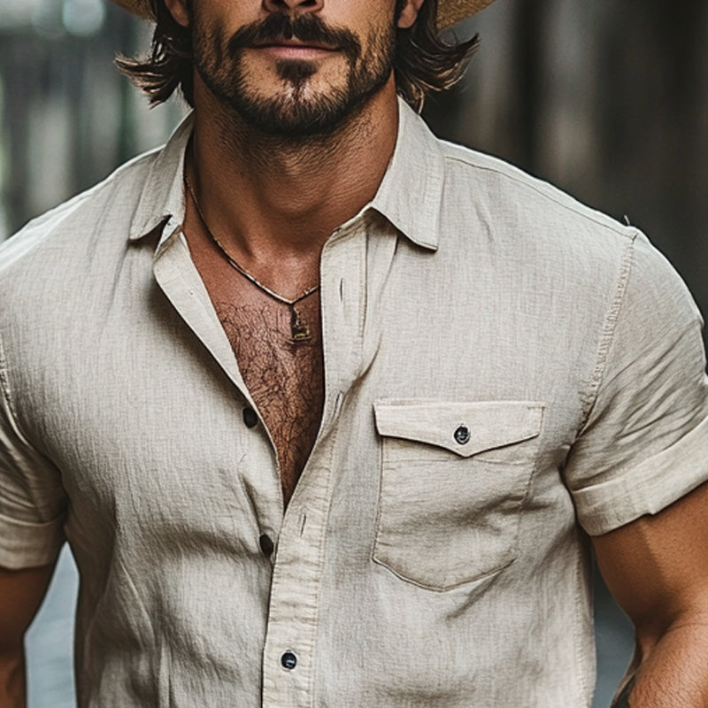 Men's Cotton And Linen Solid Color Lapel Short Sleeve Shirt MTA2937D5X