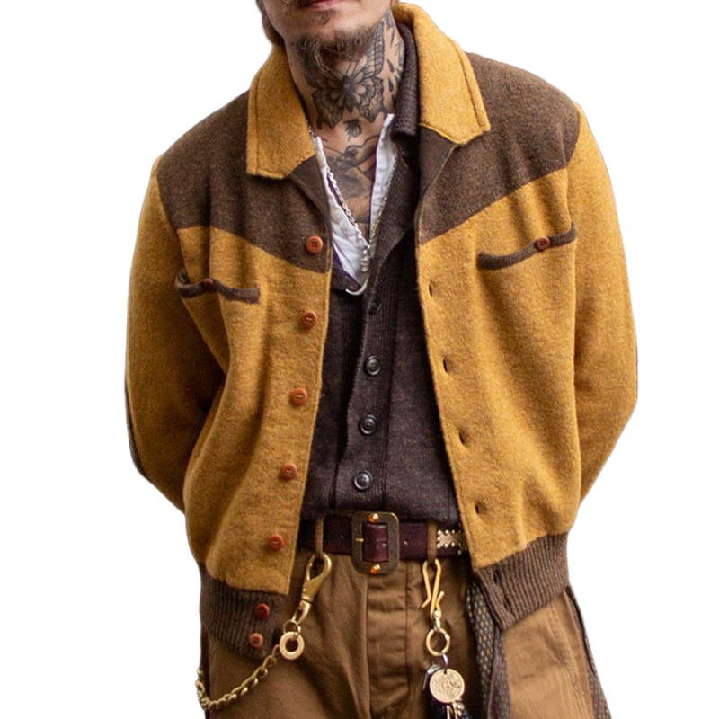 Men's Retro Casual Colorblock Knitted Lapel Button Cardigan MTA1781I2TO