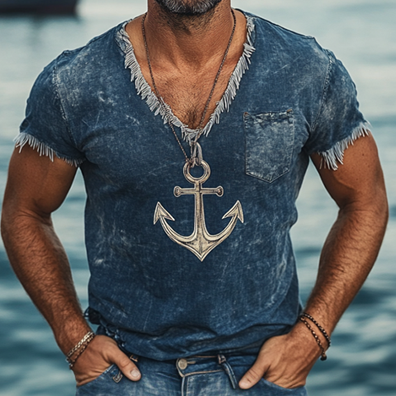 Men's Nautical Anchor Print Washed Vintage Denim T-Shirt MTA2554F0X