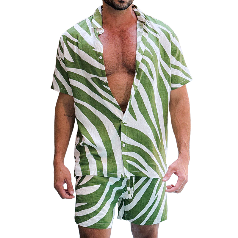 Men's Spring And Summer Fashion Casual Zebra Stripe Printed Silk Cotton Short Sleeve Shirt Elastic Waist Shorts Set MTA0588G8K