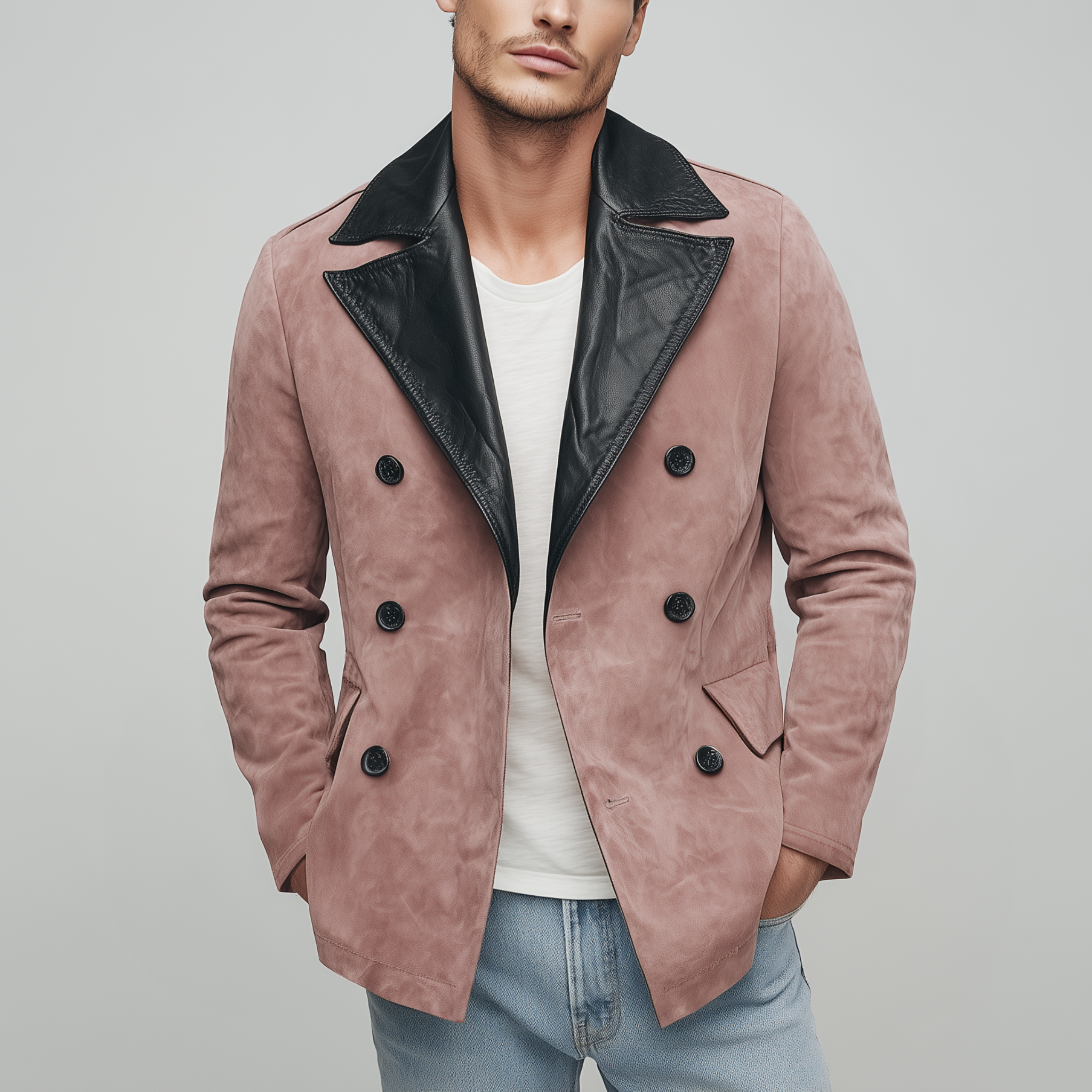 Men's Classic Casual Lapel PU Leather Double-breasted Pink Suede Jacket MTA0266I0K