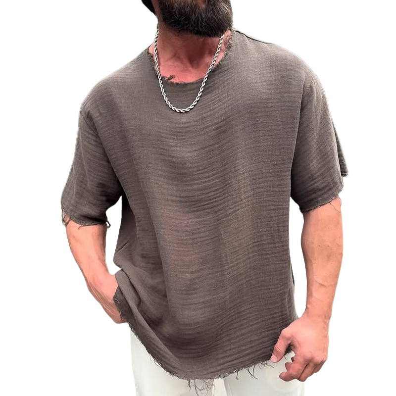 Men's Solid Cotton And Linen Rough edge Round Neck Short Sleeve T-Shirt MTA0652E8Z