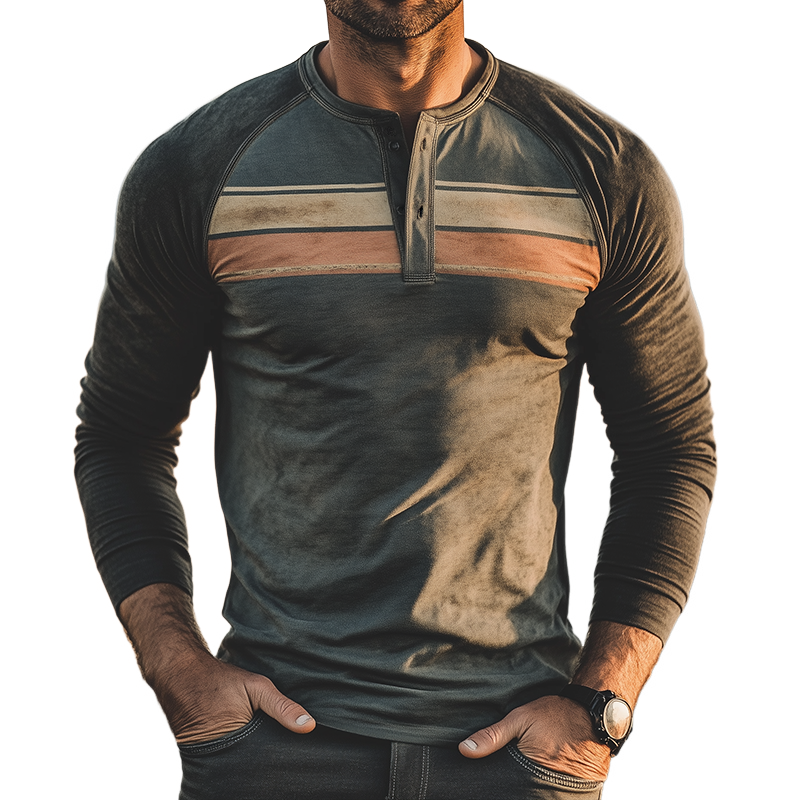 Men's Vintage Casual Distressed Striped Print Henley Neck Long Sleeve T-Shirt MTA3084G9TO