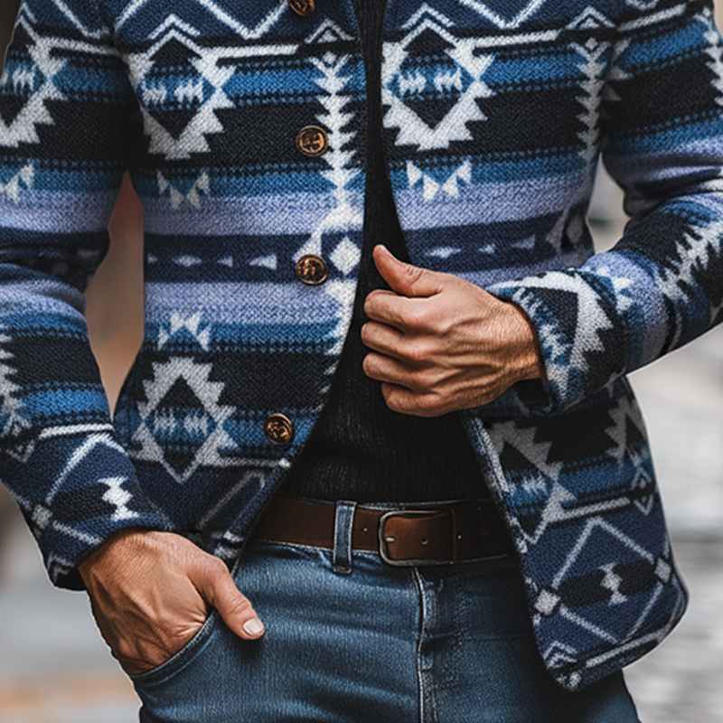 Men's Bohemian Ethnic Style Jacquard Blend Jacquard Lapel Mid-length Coat MTA1458J1X