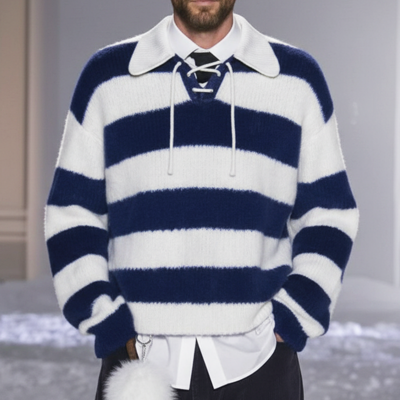 Men's Fashion Color Block Striped Tie-Neck Casual Knit Sweater MTA1068K7U