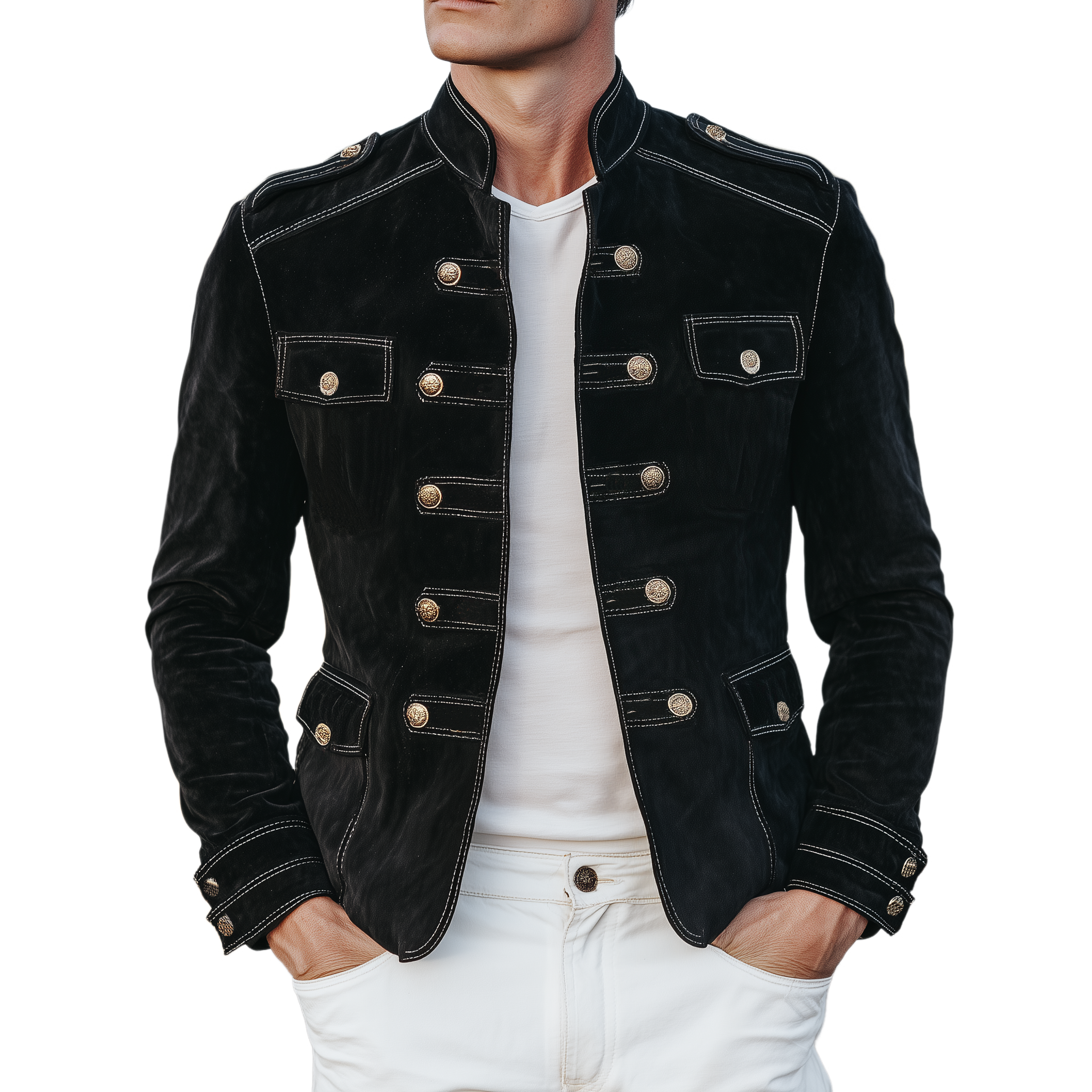 Men's Classic Retro Stand Collar Double-breasted Multi-pocket Suede Jacket MTA3098H1K