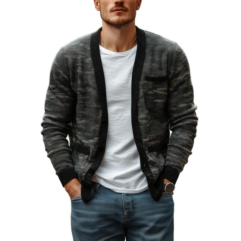 Men's Casual Camouflage Jacquard V-neck Single-breasted Slim Fit Knit Cardigan MTA2162H8M