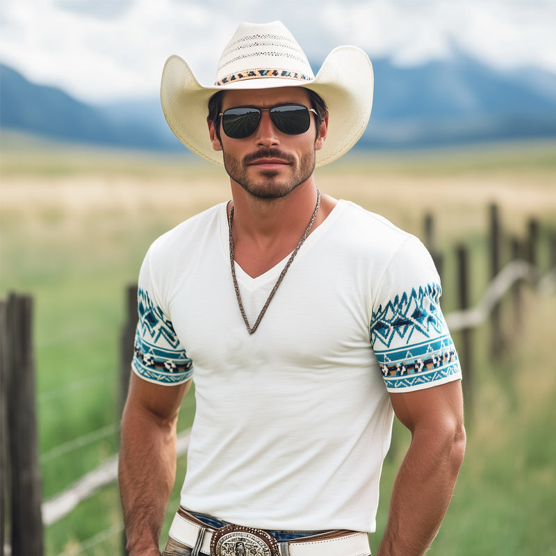 Herre T-skjorte med korte ermer og print i western cowboy-stil, V-hals, MTA1222E6U