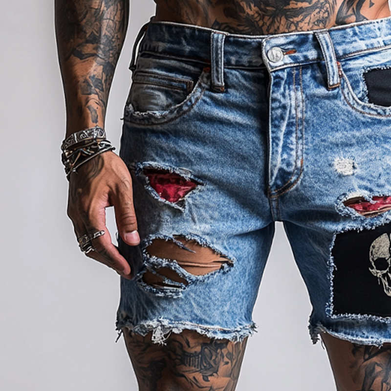 Men's Retro Skull Stitching Washed Denim Shorts MTA1794F6X