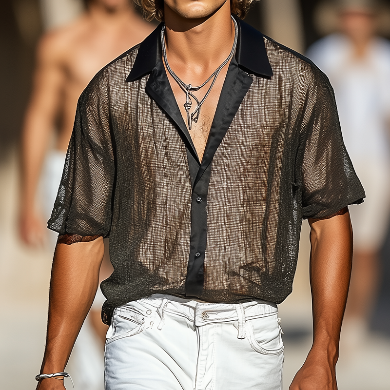 Men's Summer Fashion Casual Mesh Stitching Satin Double-layer Fabric Short-sleeved Shirt MTA2340F0K