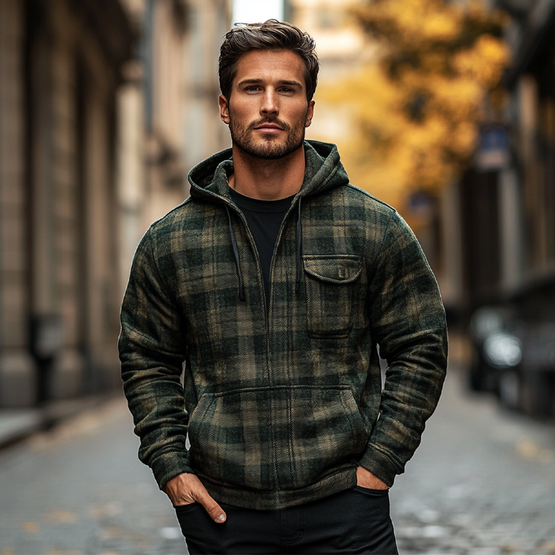 Men's Check Print Zip-Up Hooded Jacket MTA1658H0X