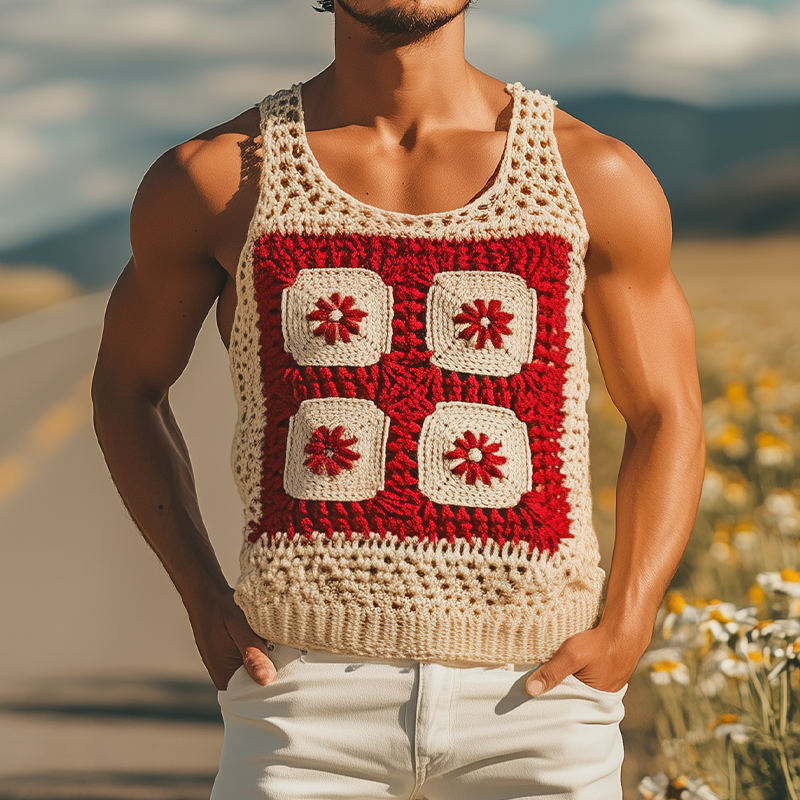Men's Summer Fashion Casual Hollow Crochet Flower Knitted Tank Top MTA2773F5K