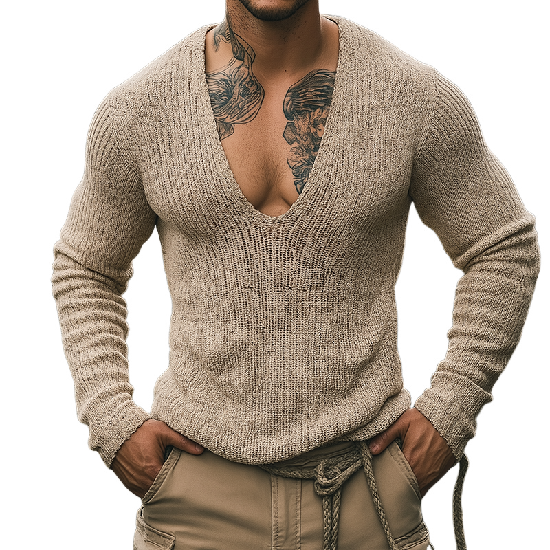 Men's Retro Casual V-Neck Knitted Long Sleeve T-Shirt MTA1962H7TO