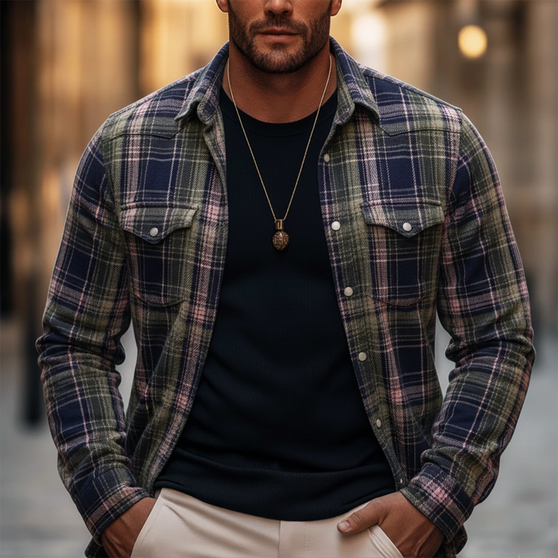 Men's Vintage-style Color-blocked Plaid Long-sleeved Casual Shirt MTA2681L5U